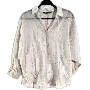 Zara White Semi Sheer Silver Metallic Sparkle Long Slv Button Up Collar Shirt M